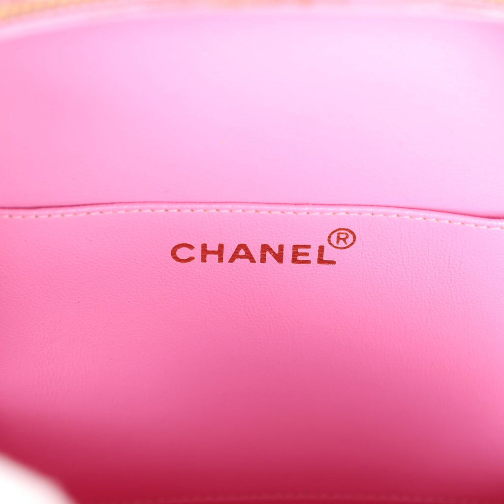 Chanel Vintage Round Vanity Bag Pink and Black Patent Leather Antique Gold Hardware