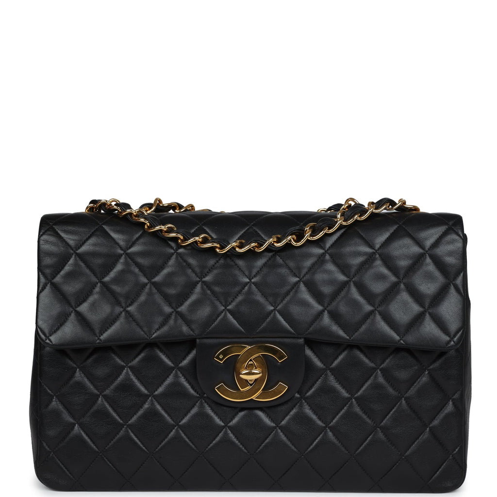 Chanel Vintage XL Jumbo Flap Bag Black Lambskin Gold Hardware