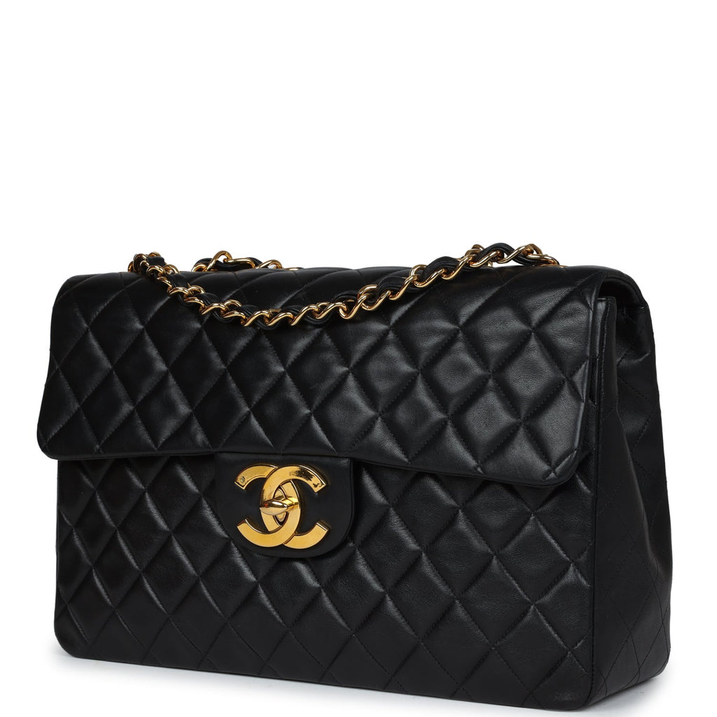 Chanel Vintage XL Jumbo Flap Bag Black Lambskin Gold Hardware