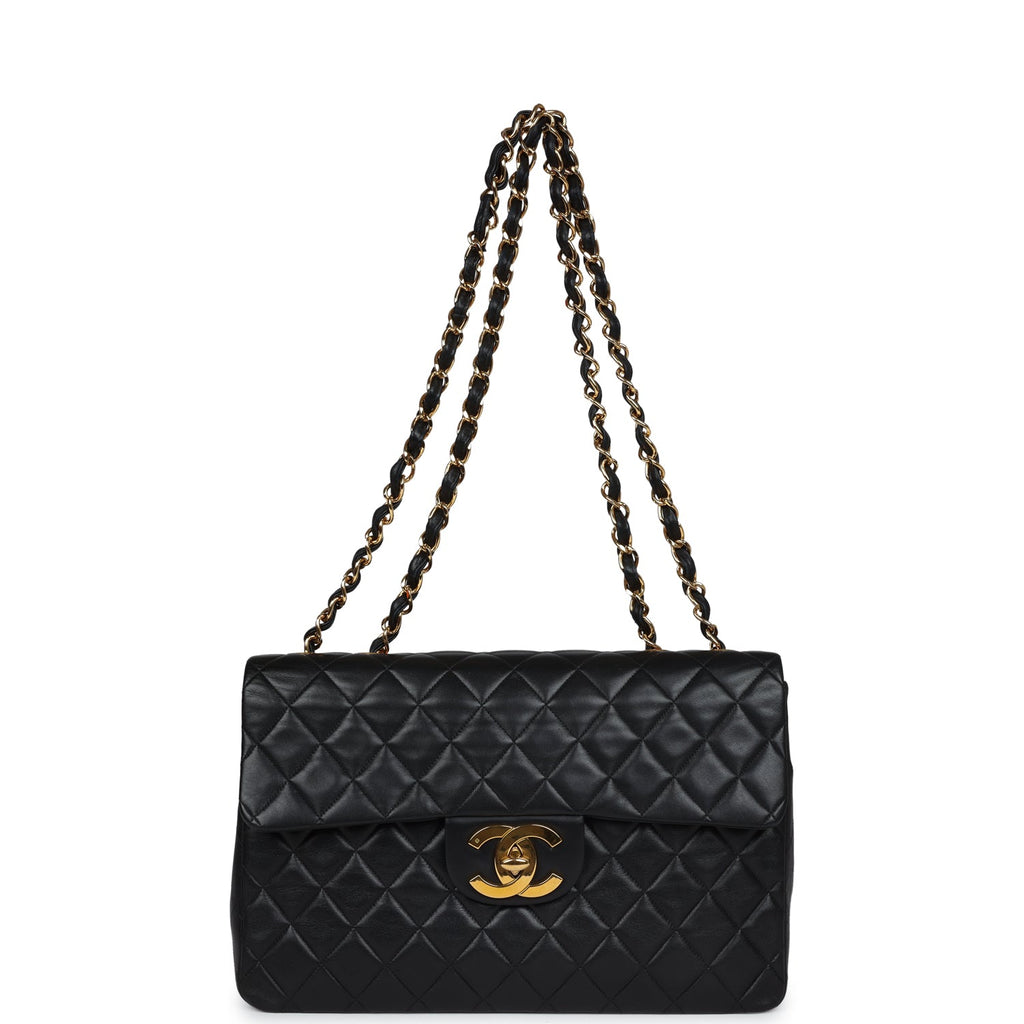 Chanel Vintage XL Jumbo Flap Bag Black Lambskin Gold Hardware
