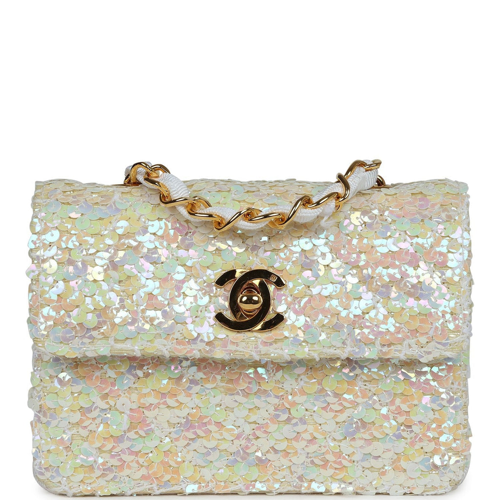 Chanel Vintage Micro Half Flap Iridescent Ivory Sequin Gold Hardware