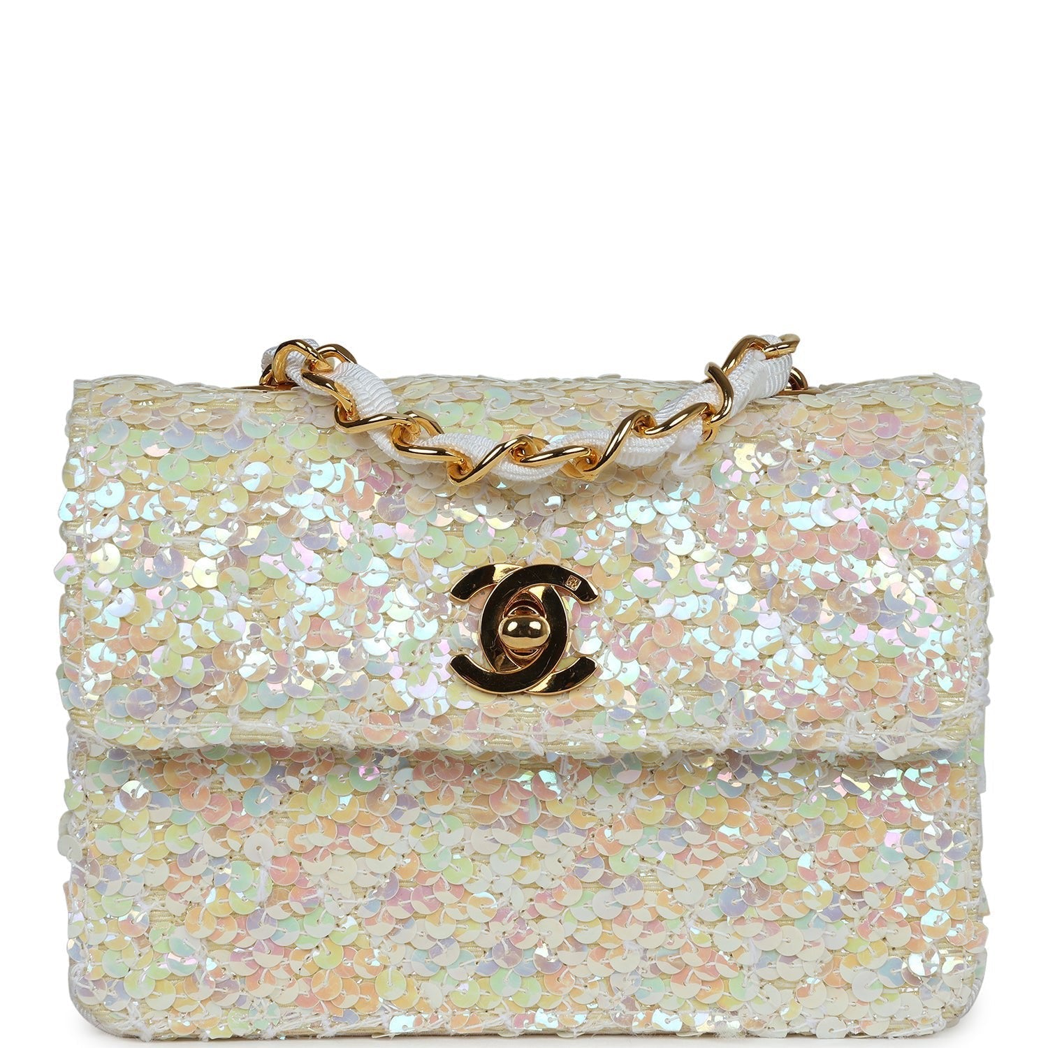 Chanel Vintage Micro Half Flap Iridescent Ivory Sequin Gold Hardware