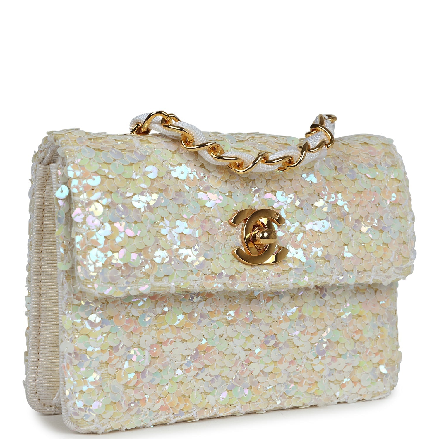 Chanel Vintage Micro Half Flap Iridescent Ivory Sequin Gold Hardware