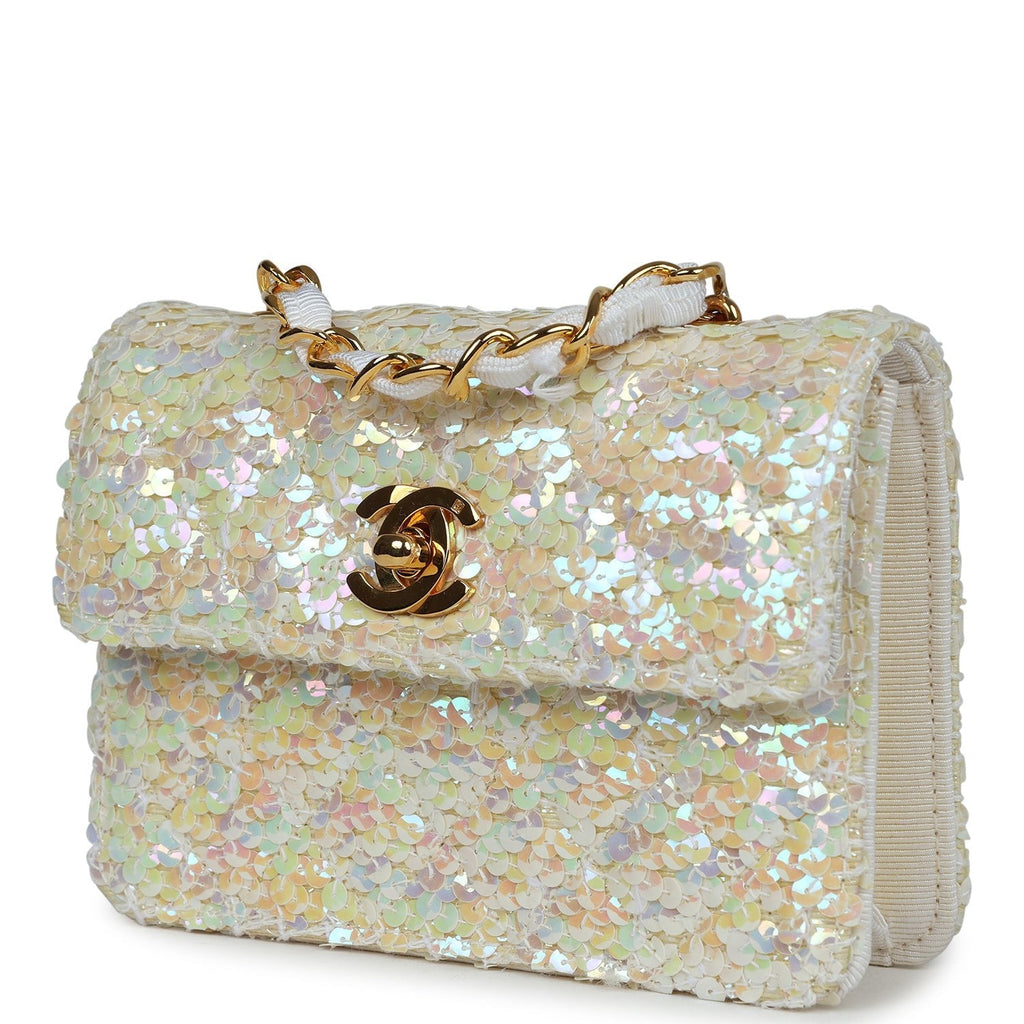 Chanel Vintage Micro Half Flap Iridescent Ivory Sequin Gold Hardware