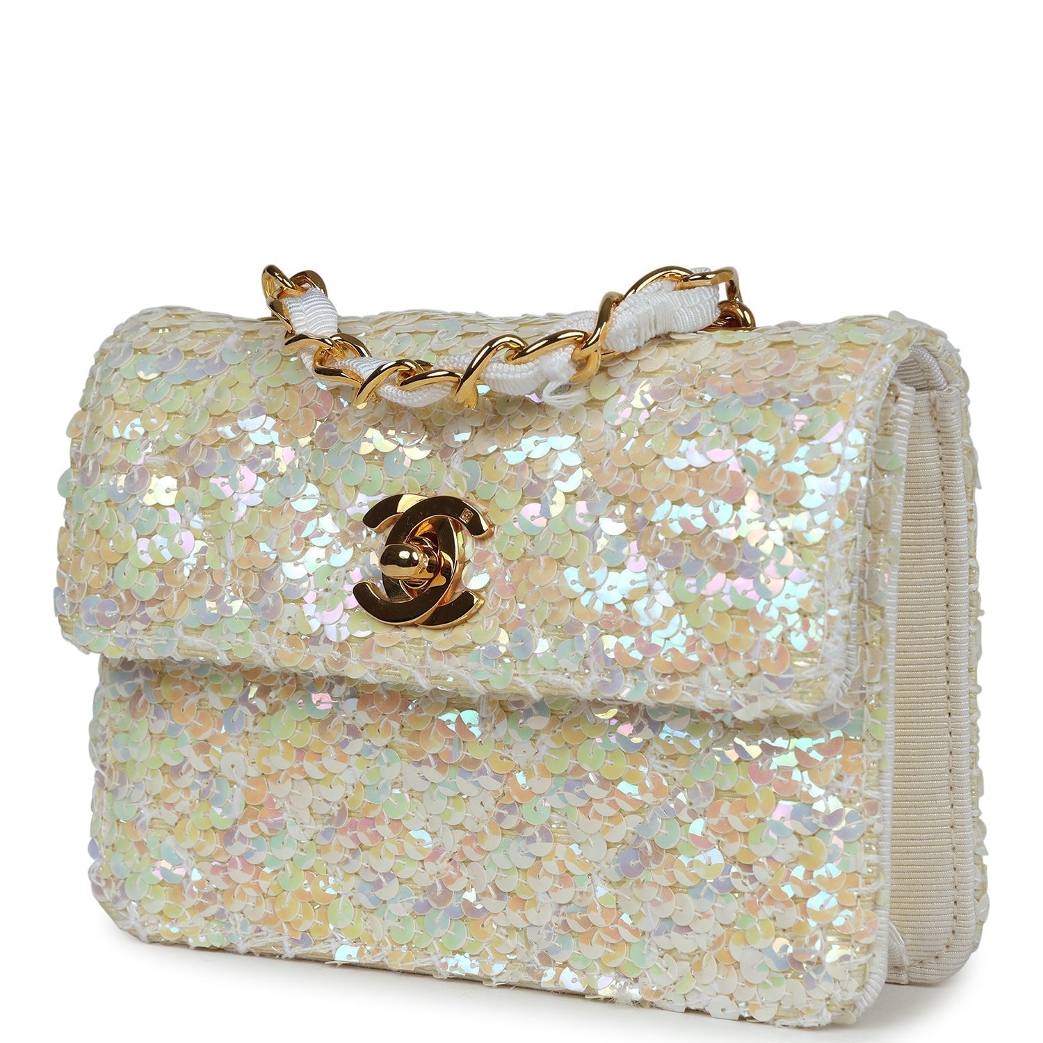 Chanel Vintage Micro Half Flap Iridescent Ivory Sequin Gold Hardware