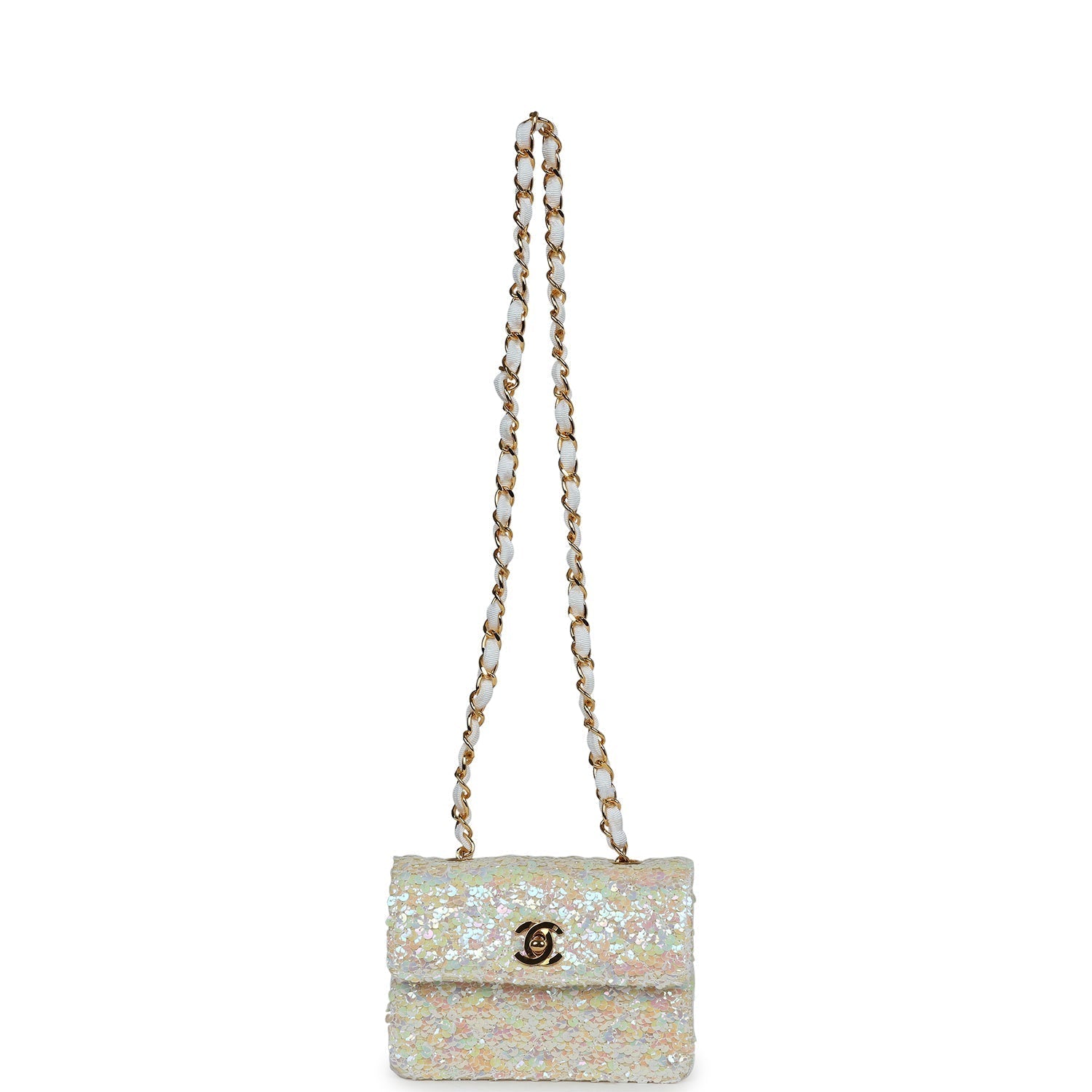 Chanel Vintage Micro Half Flap Iridescent Ivory Sequin Gold Hardware