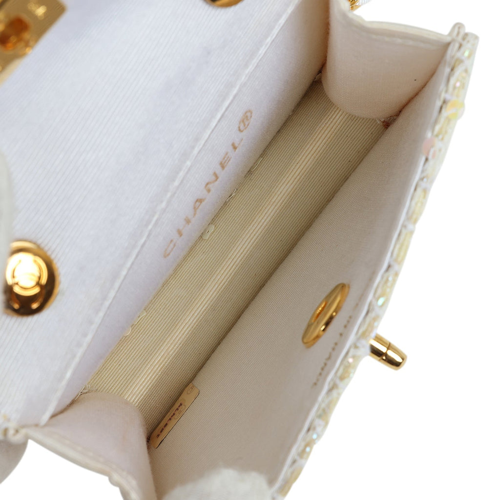 Chanel Vintage Micro Half Flap Iridescent Ivory Sequin Gold Hardware