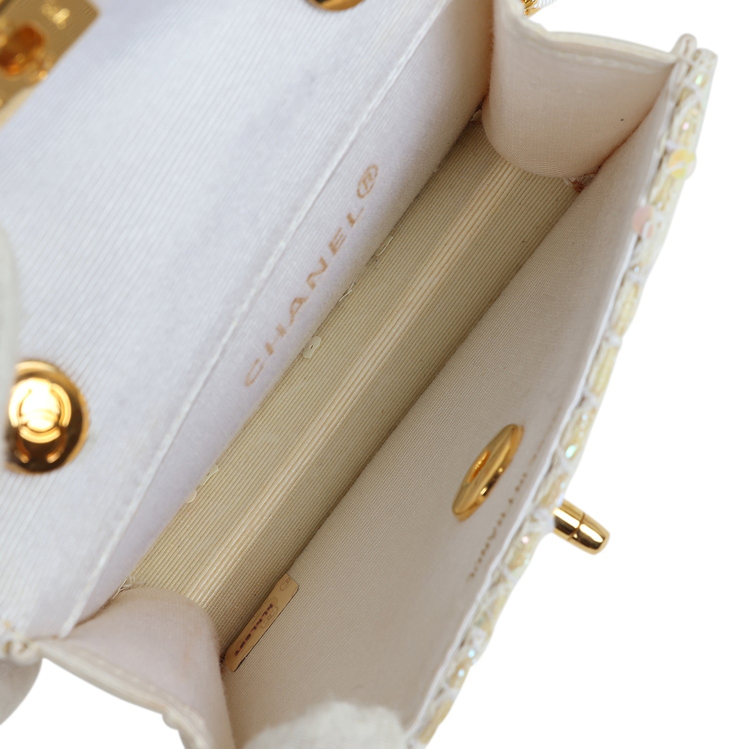 Chanel Vintage Micro Half Flap Iridescent Ivory Sequin Gold Hardware
