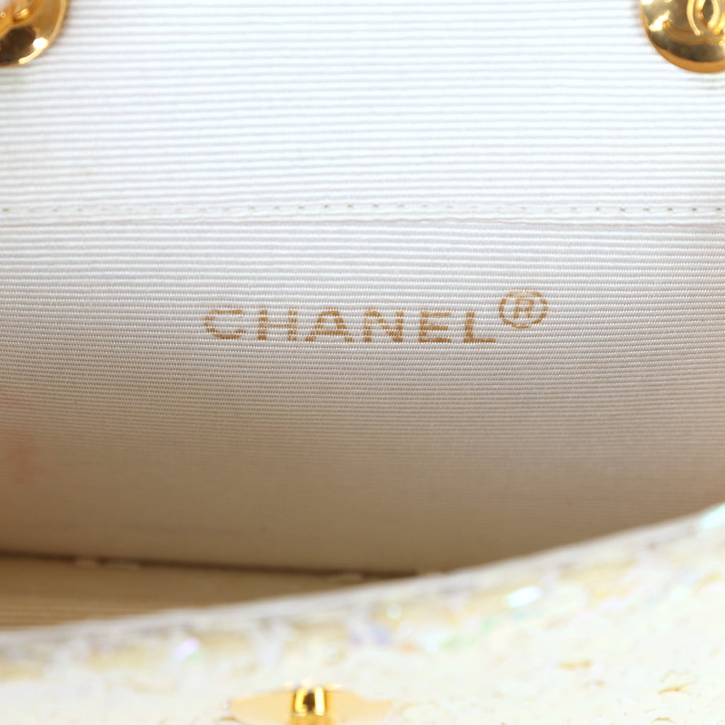 Chanel Vintage Micro Half Flap Iridescent Ivory Sequin Gold Hardware