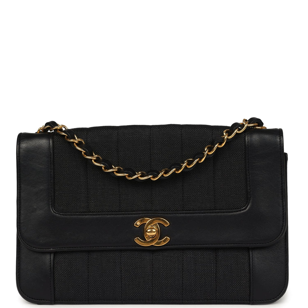 Chanel Vintage Vertical Border Flap Bag Black Linen and Lambskin Gold Hardware