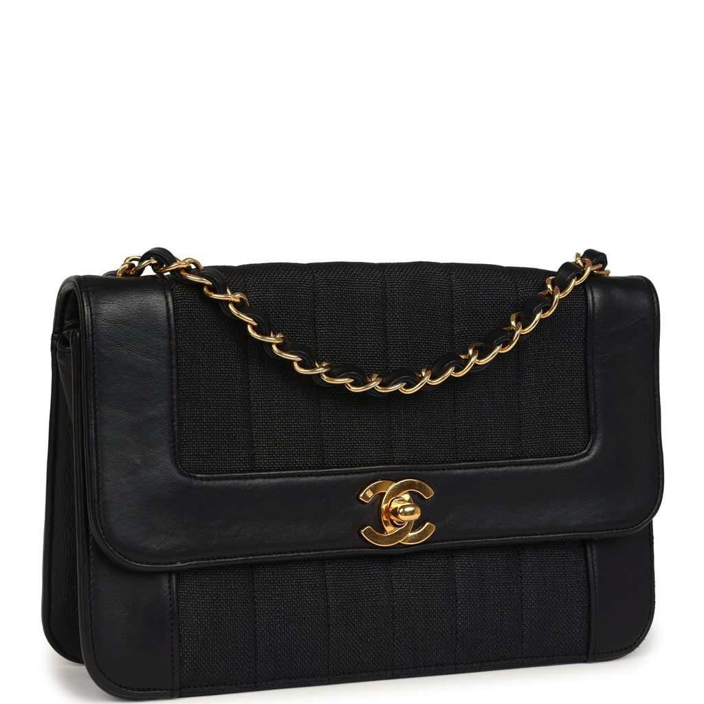 Chanel Vintage Vertical Border Flap Bag Black Linen and Lambskin Gold Hardware
