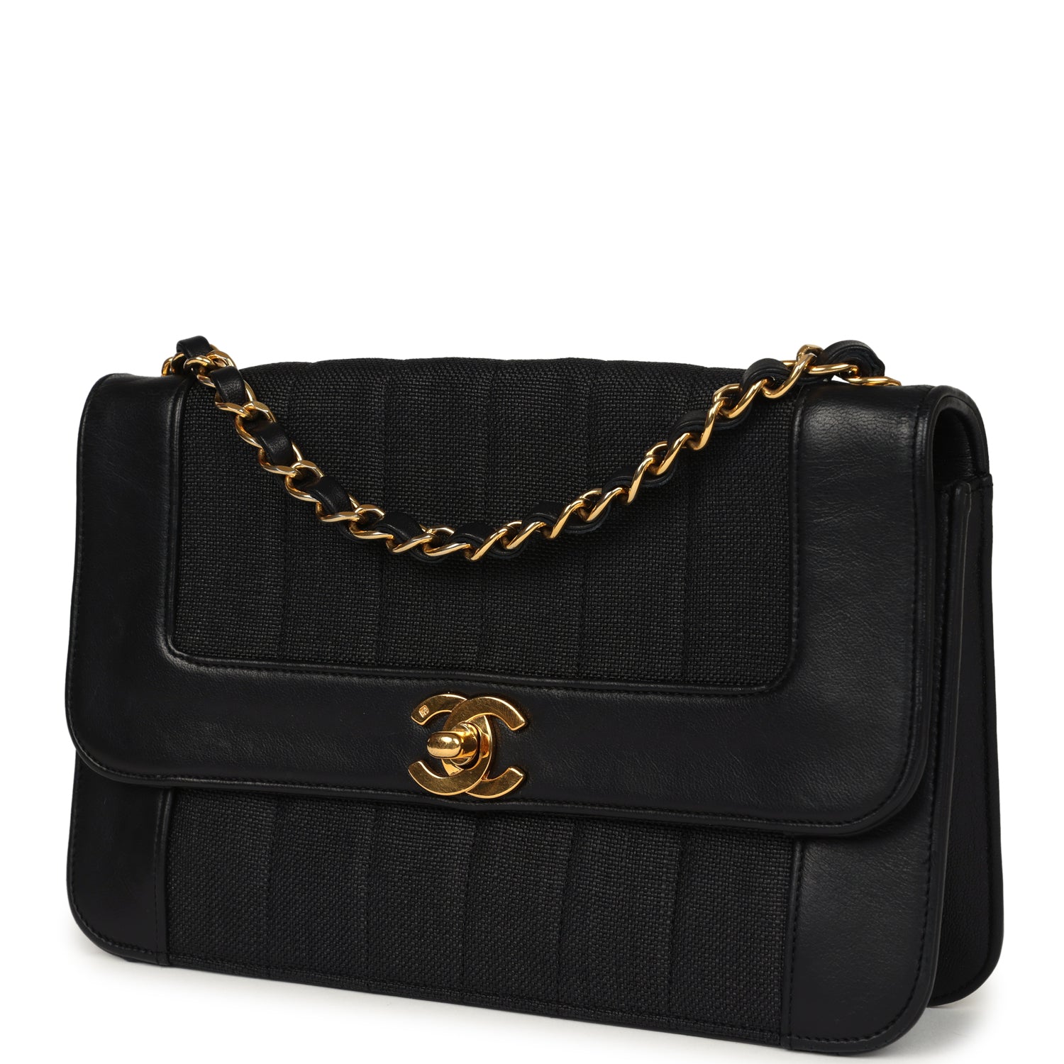 Chanel Vintage Vertical Border Flap Bag Black Linen and Lambskin Gold Hardware