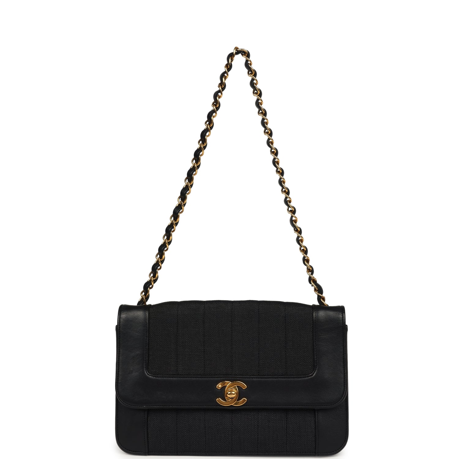 Chanel Vintage Vertical Border Flap Bag Black Linen and Lambskin Gold Hardware