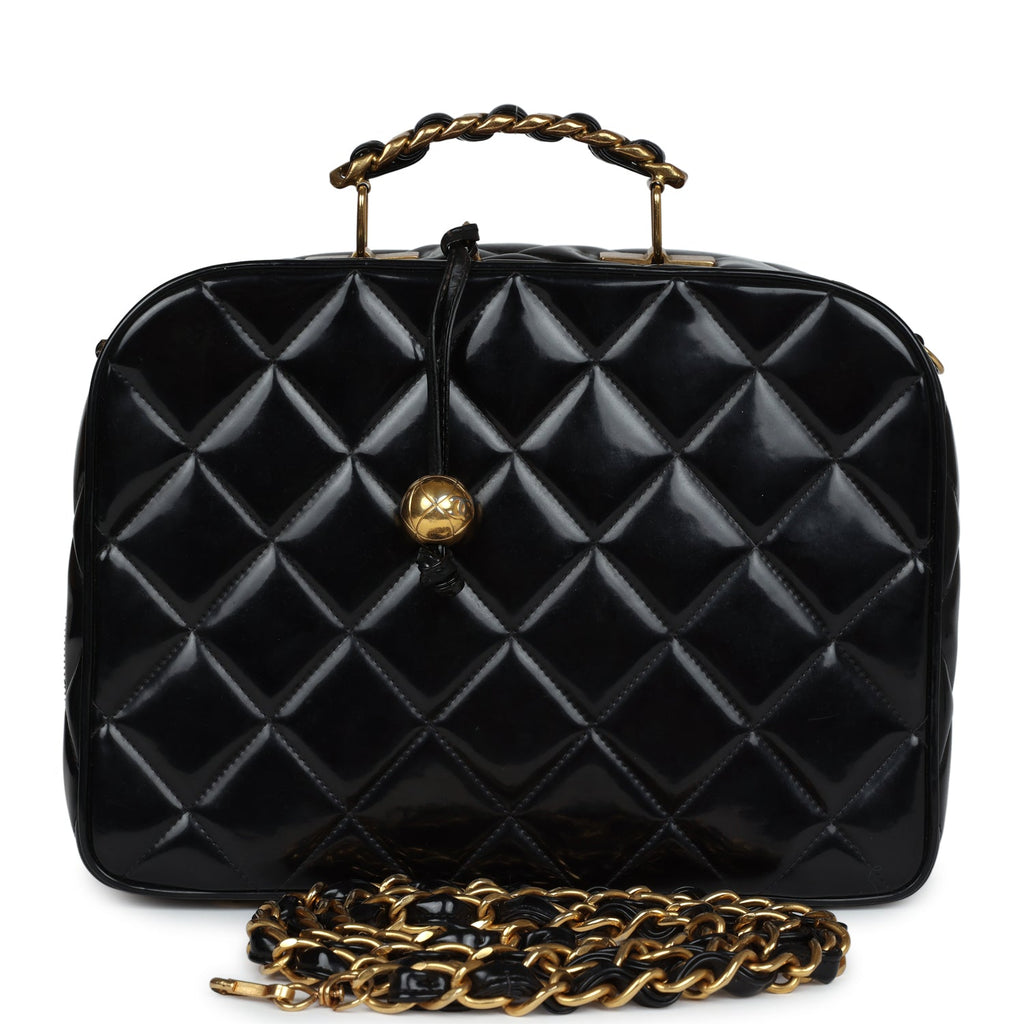 Chanel Vintage Lunchbox Vanity Black Patent Leather Gold Hardware