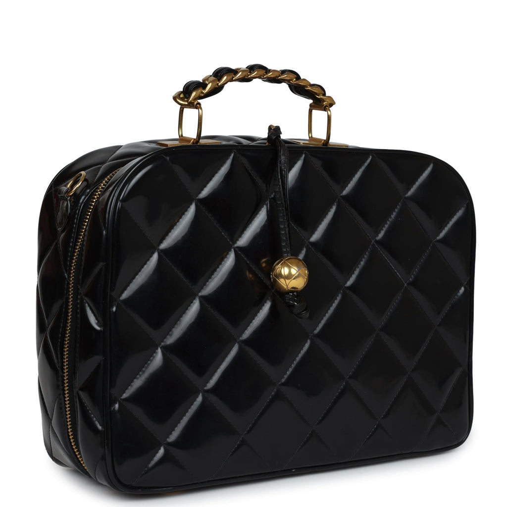 Chanel Vintage Lunchbox Vanity Black Patent Leather Gold Hardware