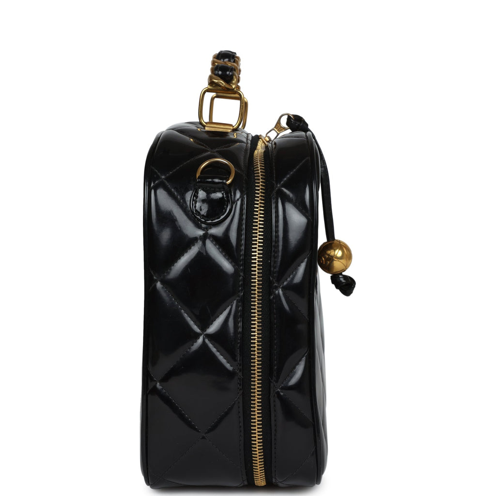 Chanel Vintage Lunchbox Vanity Black Patent Leather Gold Hardware