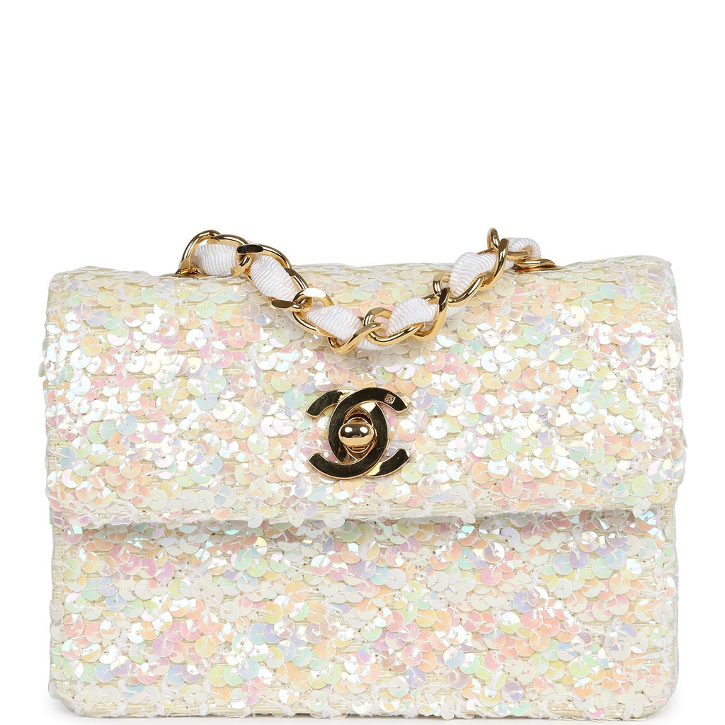 Chanel Vintage Micro Half Flap Iridescent Ivory Sequin Gold Hardware