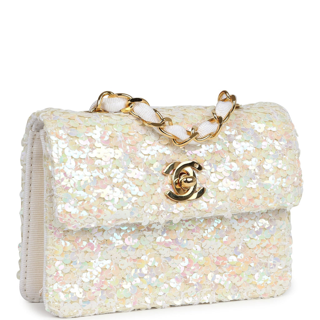 Chanel Vintage Micro Half Flap Iridescent Ivory Sequin Gold Hardware