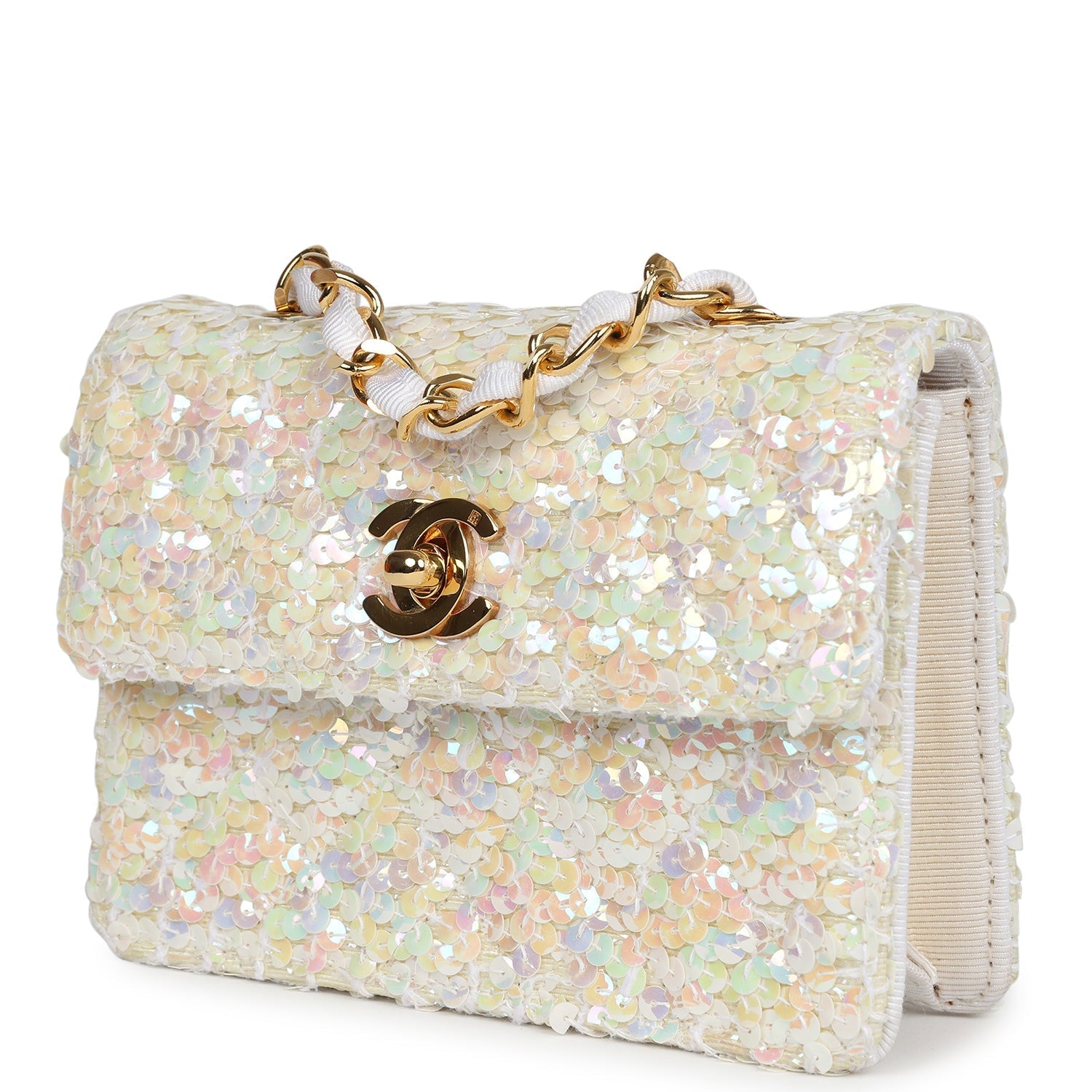 Chanel Vintage Micro Half Flap Iridescent Ivory Sequin Gold Hardware