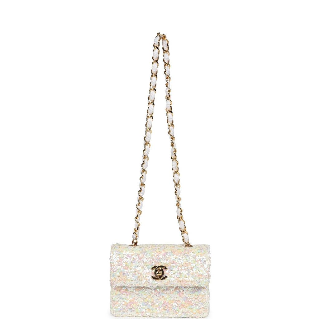 Chanel Vintage Micro Half Flap Iridescent Ivory Sequin Gold Hardware