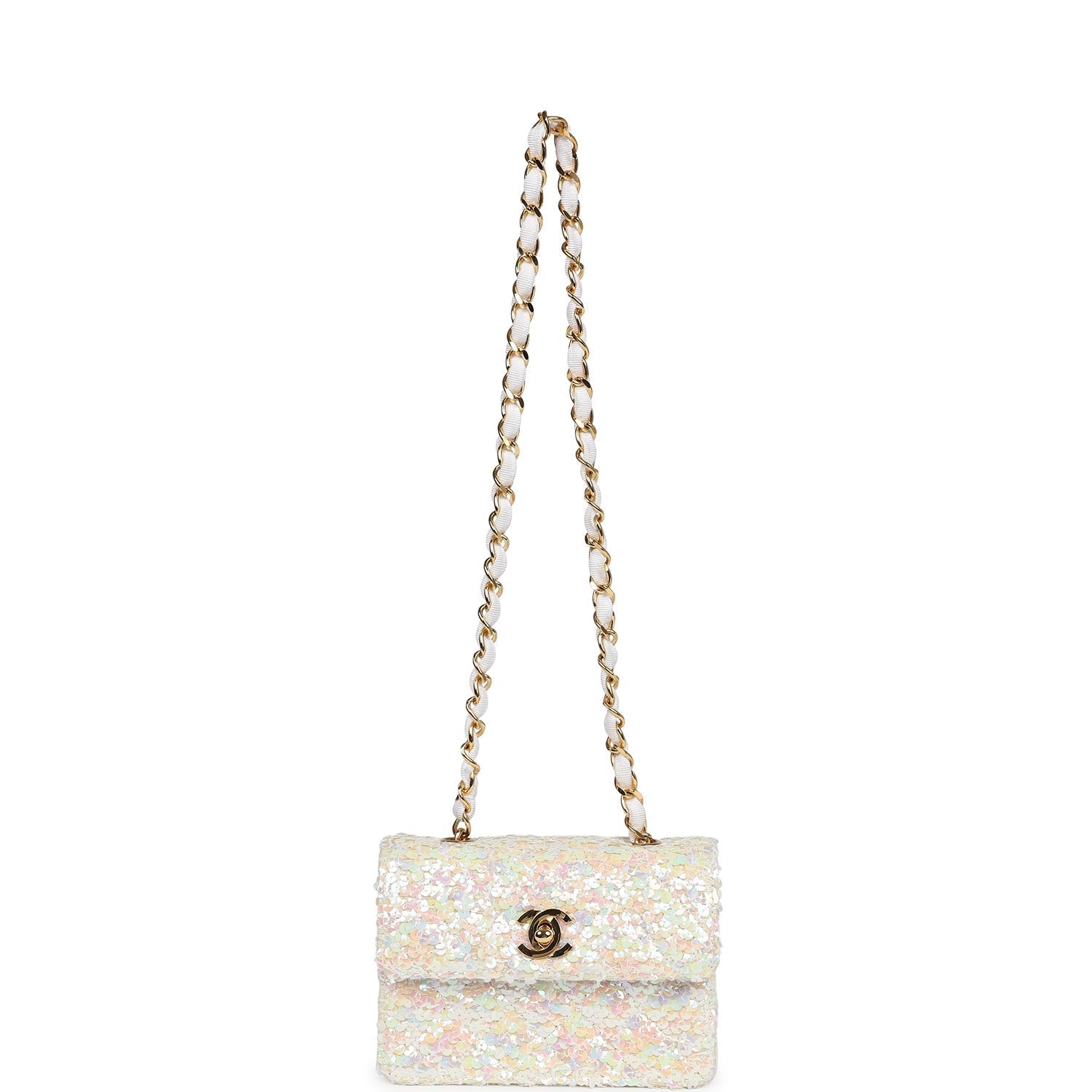 Chanel Vintage Micro Half Flap Iridescent Ivory Sequin Gold Hardware