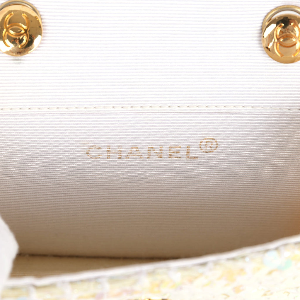 Chanel Vintage Micro Half Flap Iridescent Ivory Sequin Gold Hardware