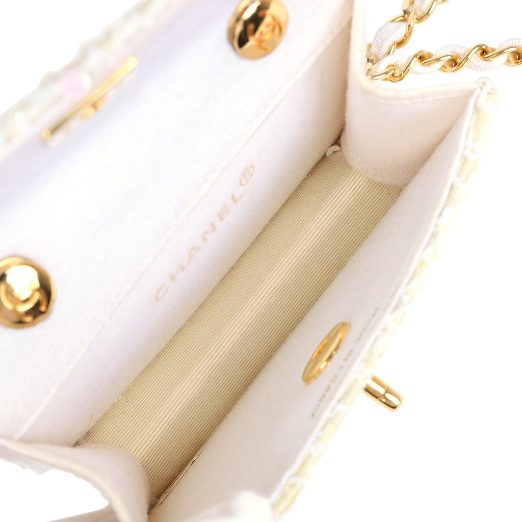 Chanel Vintage Micro Half Flap Iridescent Ivory Sequin Gold Hardware