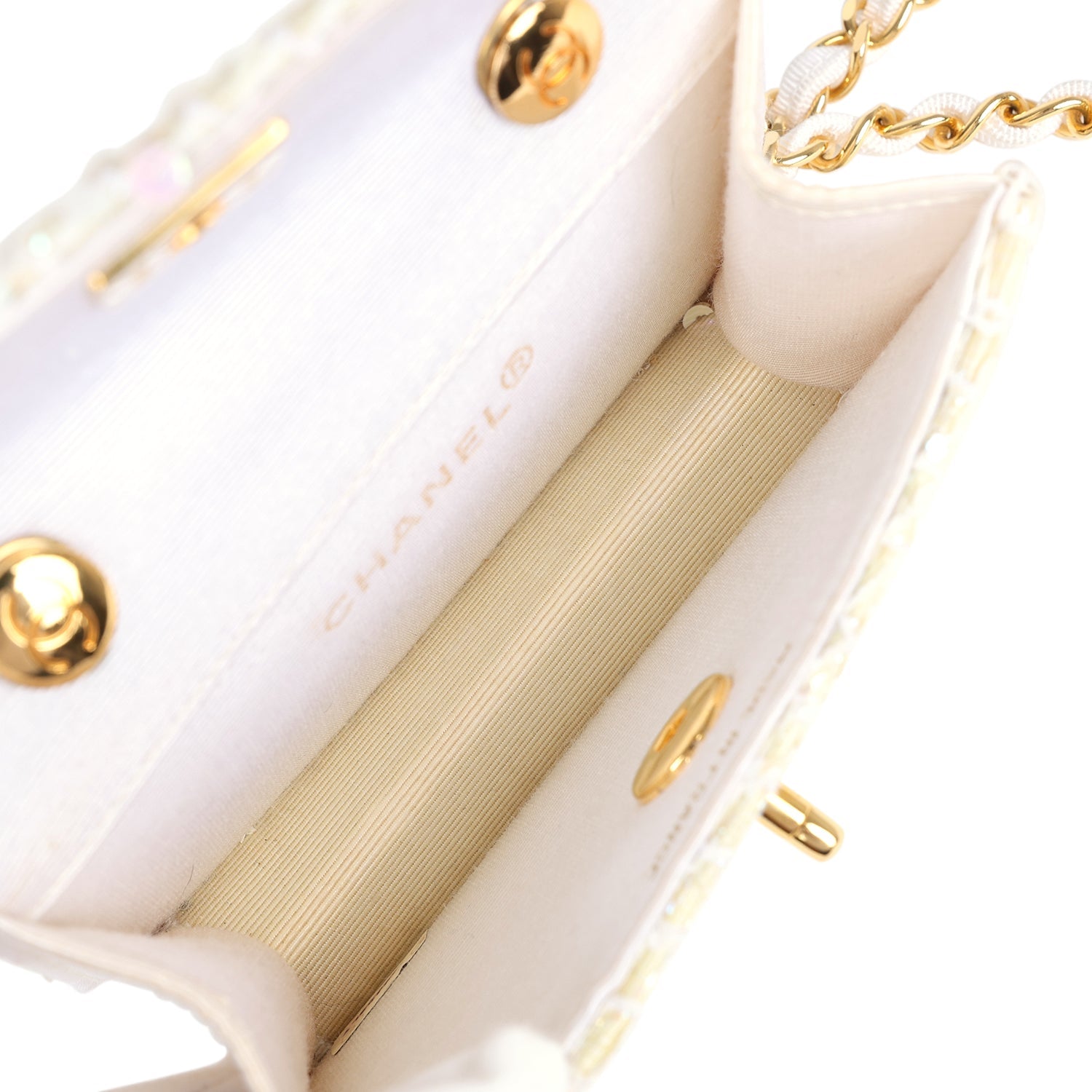 Chanel Vintage Micro Half Flap Iridescent Ivory Sequin Gold Hardware