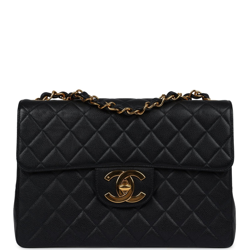Chanel Vintage Jumbo Single Flap Bag Black Caviar Gold Hardware