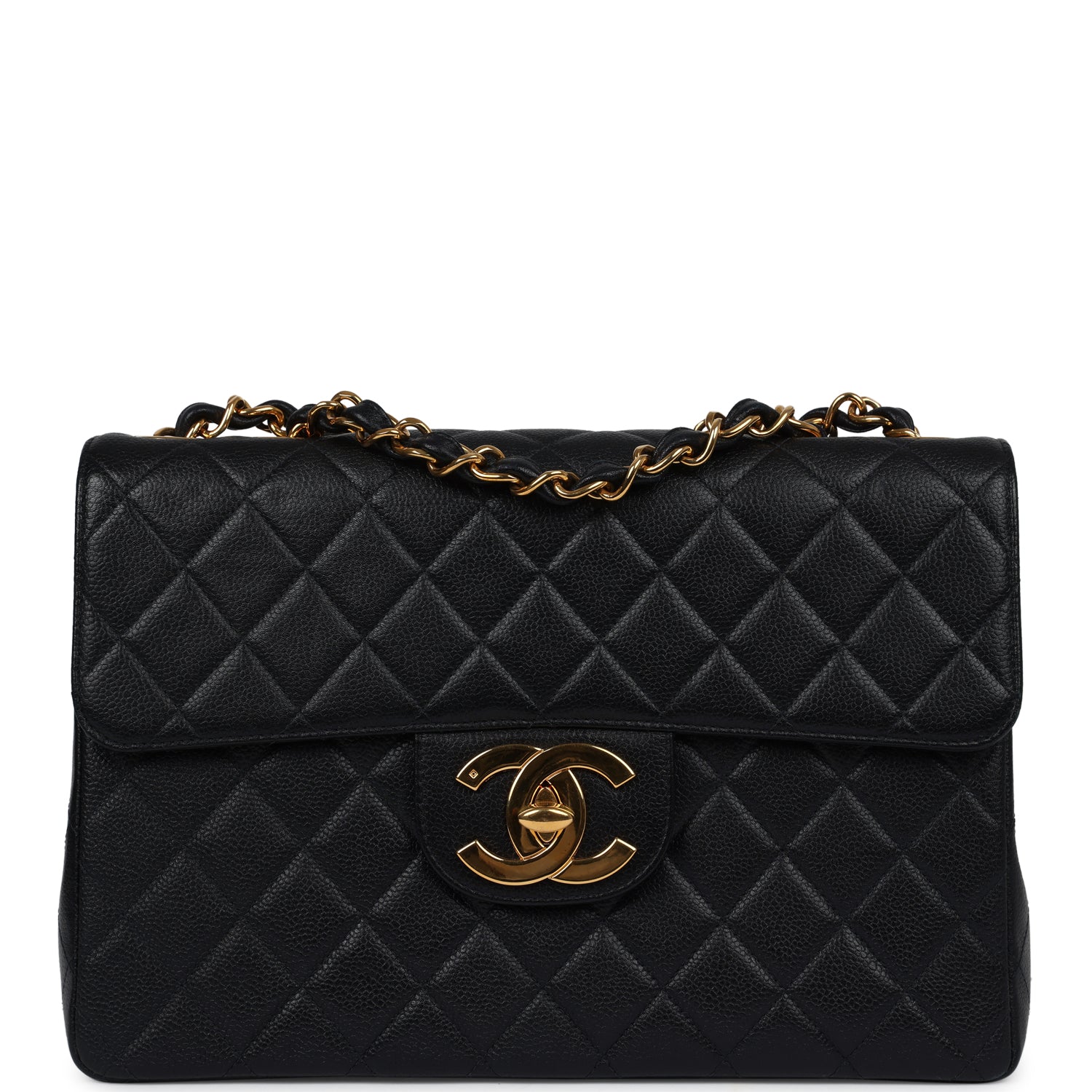 Chanel Vintage Jumbo Single Flap Bag Black Caviar Gold Hardware