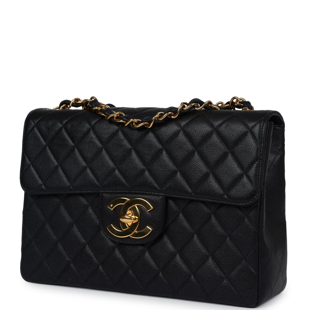 Chanel Vintage Jumbo Single Flap Bag Black Caviar Gold Hardware