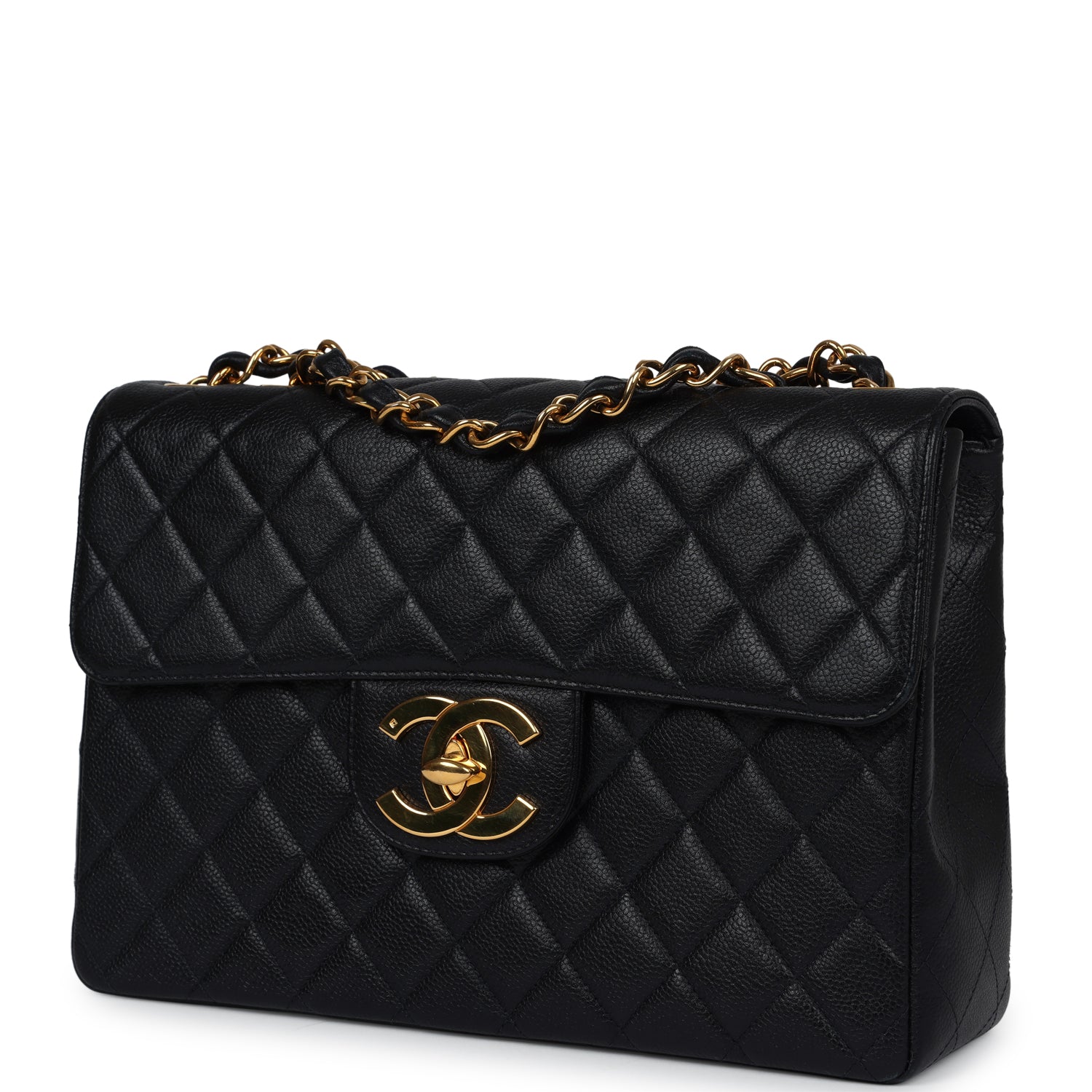 Chanel Vintage Jumbo Single Flap Bag Black Caviar Gold Hardware
