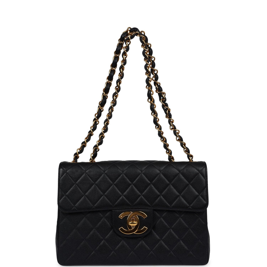 Chanel Vintage Jumbo Single Flap Bag Black Caviar Gold Hardware