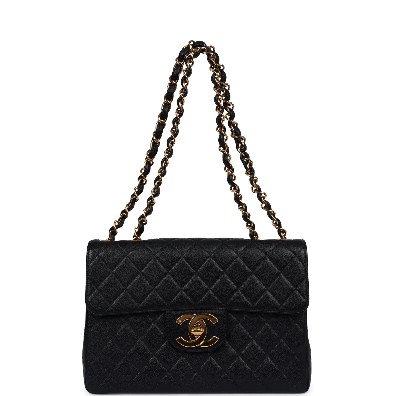 Chanel Vintage Jumbo Single Flap Bag Black Caviar Gold Hardware