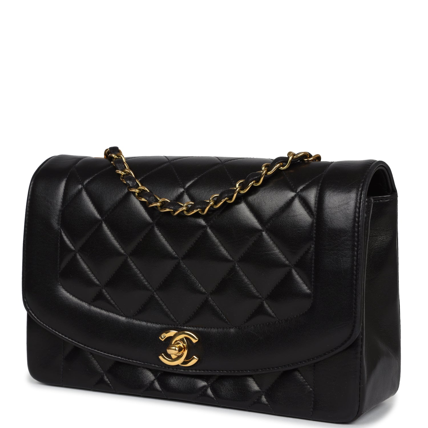 Chanel Vintage Small Diana Flap Bag Black Lambskin Gold Hardware