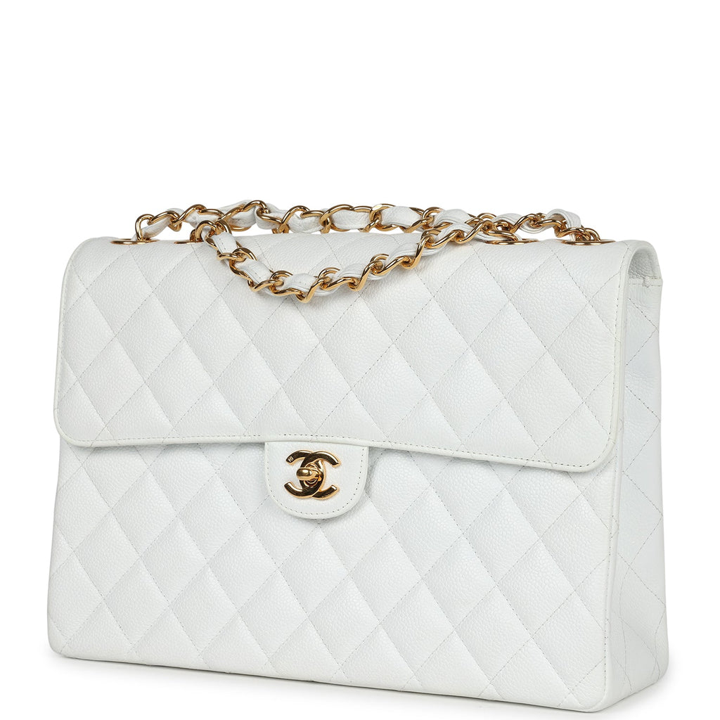 Chanel Vintage Jumbo Single Flap Bag White Caviar Gold Hardware
