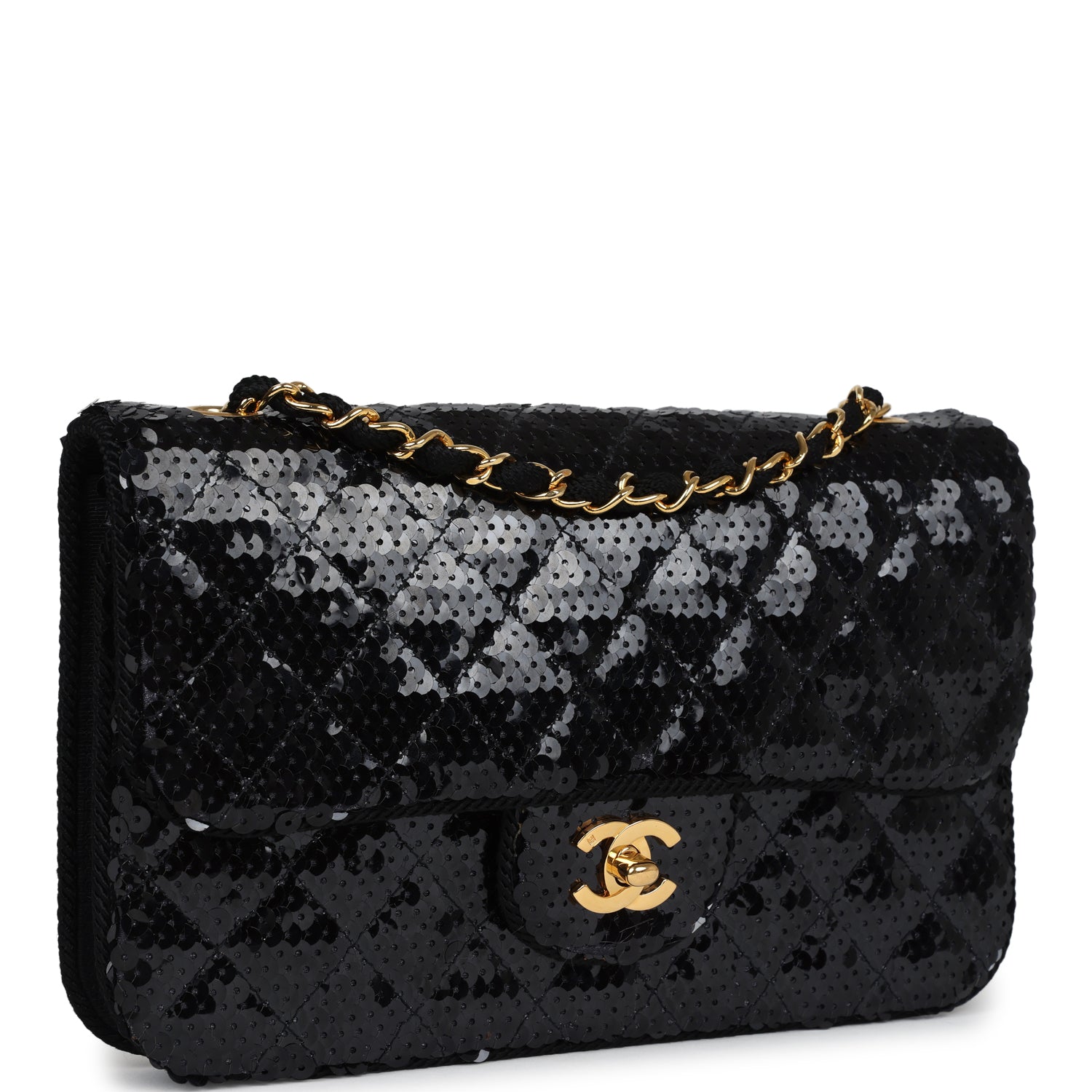 Chanel Vintage Small Flap Bag Black Sequin Gold Hardware