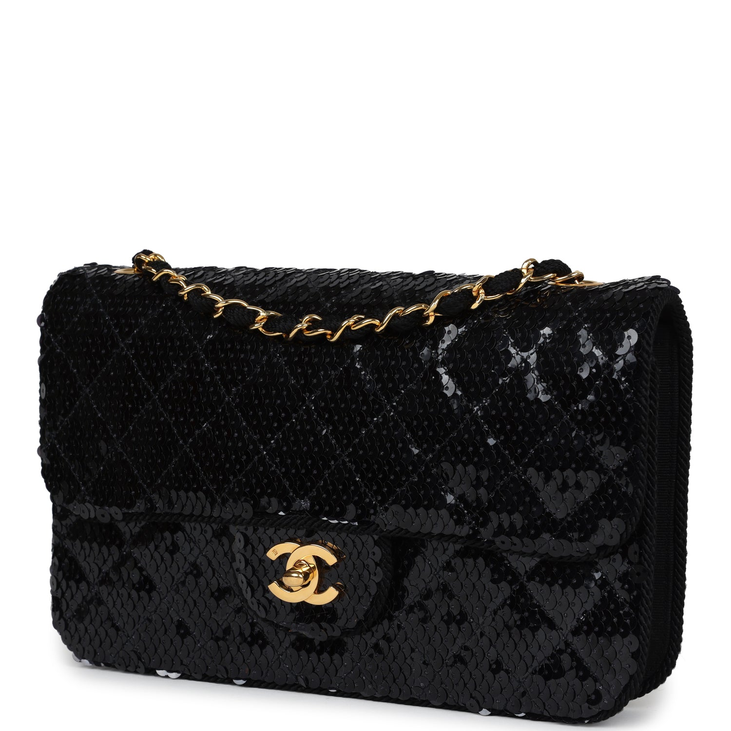Chanel Vintage Small Flap Bag Black Sequin Gold Hardware