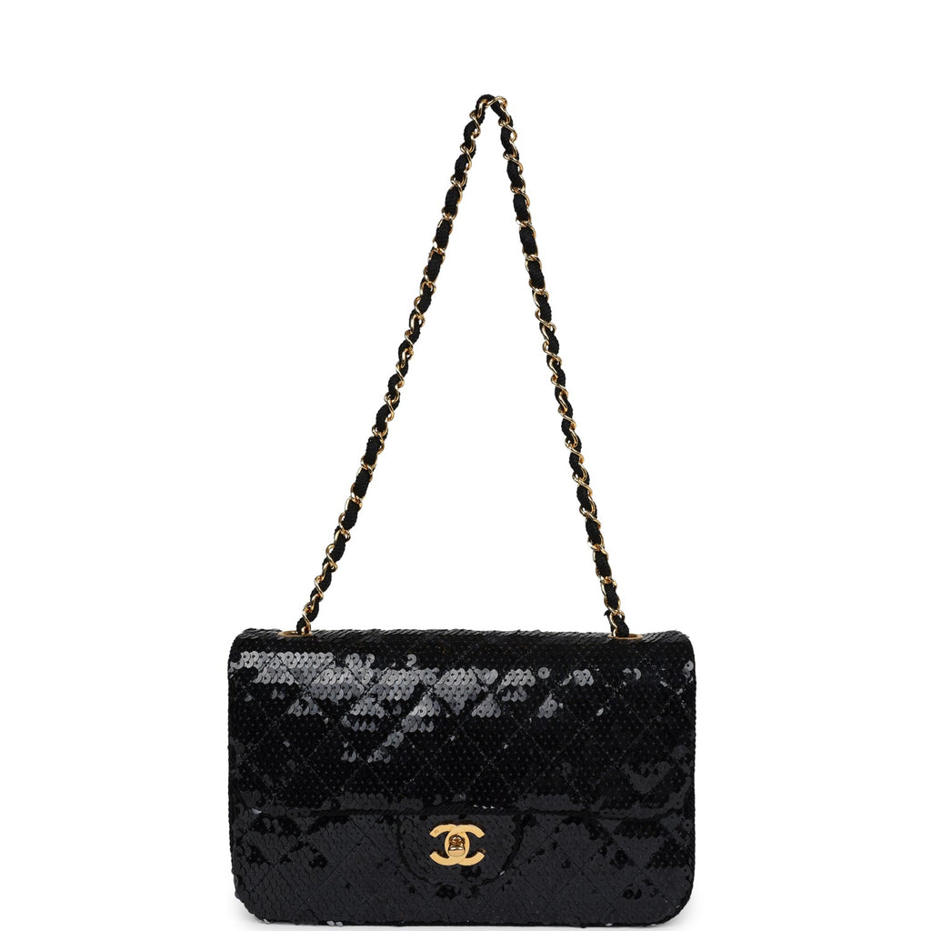 Chanel Vintage Small Flap Bag Black Sequin Gold Hardware
