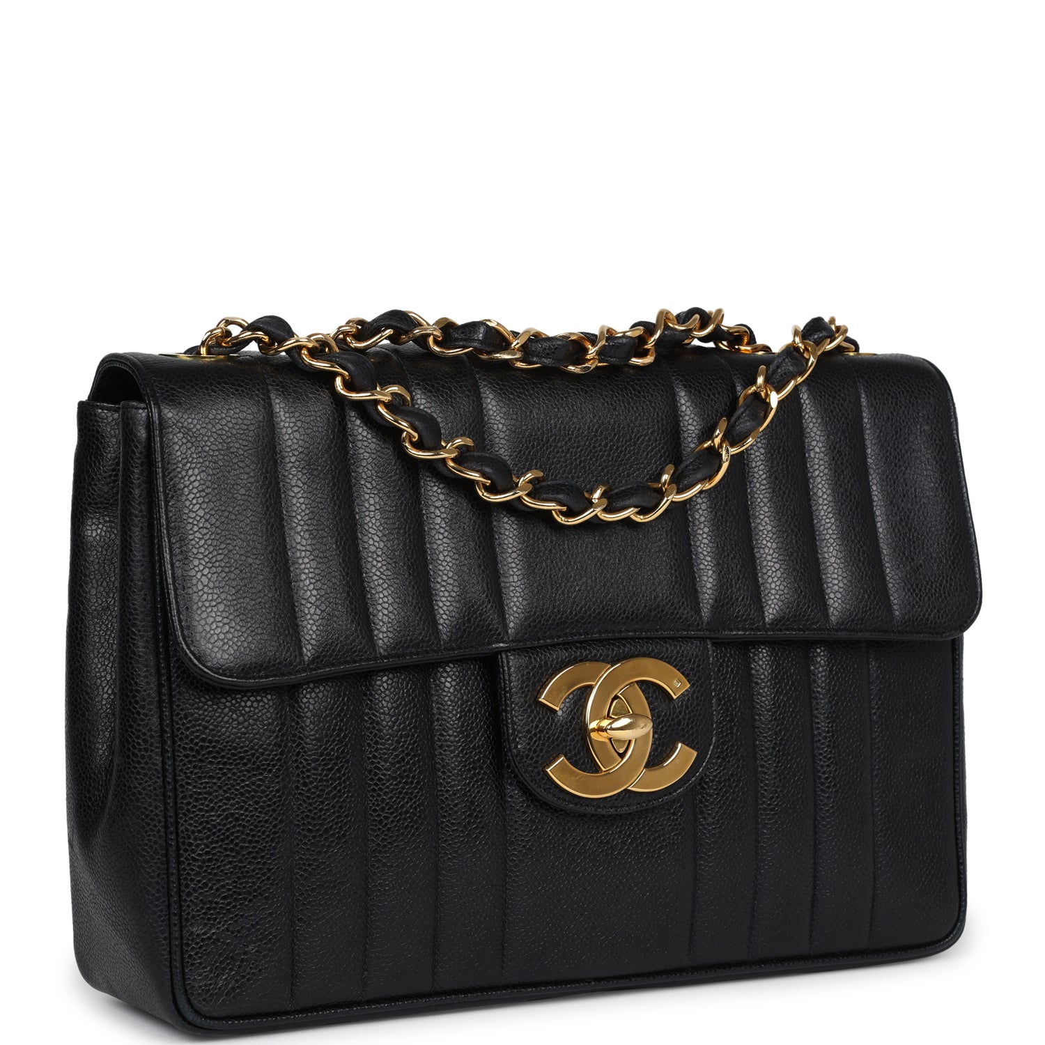 Chanel Vintage XL Jumbo Mademoiselle Vertical Flap Black Caviar Gold Hardware