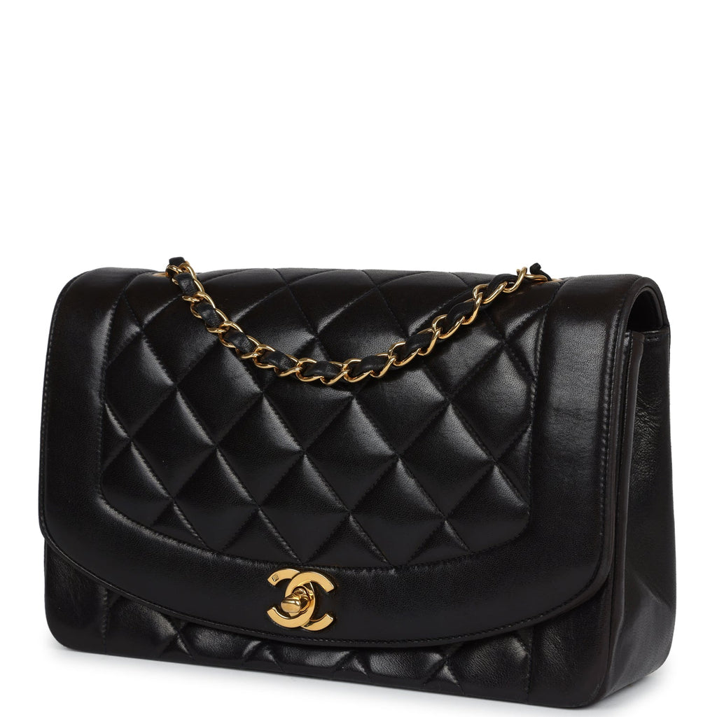 Chanel Vintage Medium Diana Flap Bag Black Lambskin Gold Hardware