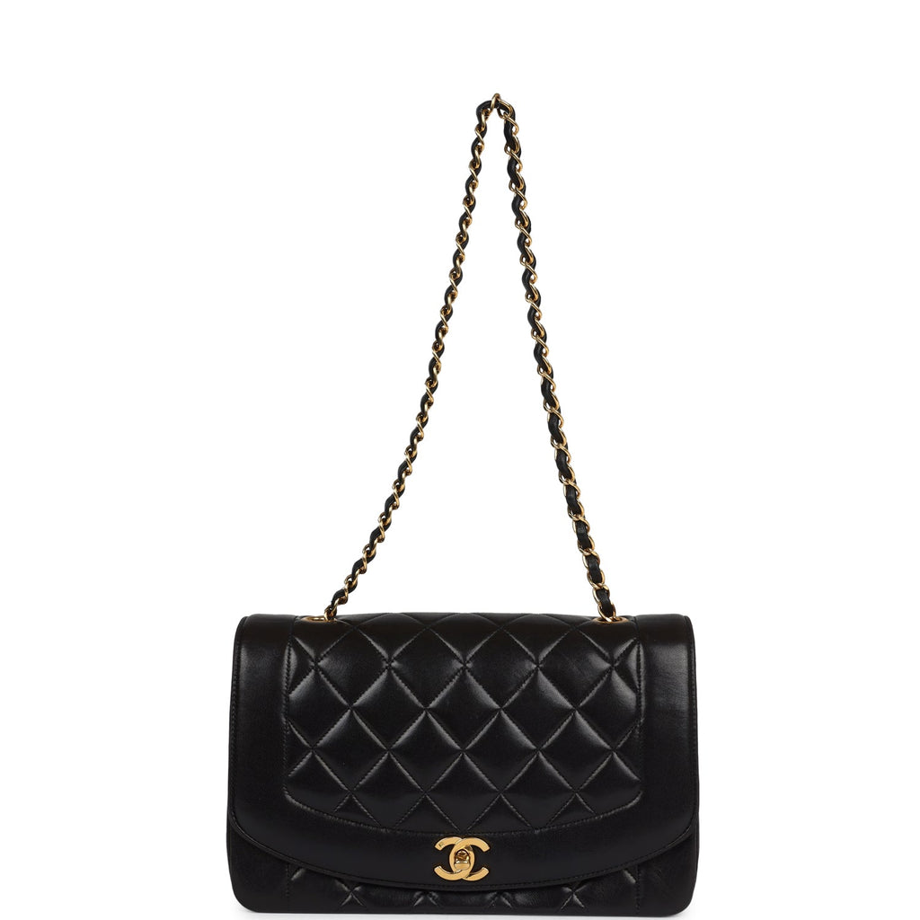 Chanel Vintage Medium Diana Flap Bag Black Lambskin Gold Hardware