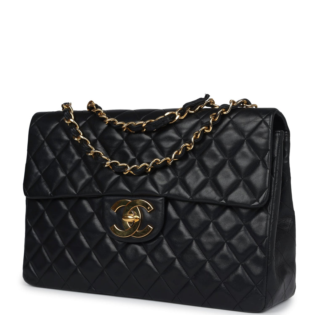 Chanel Vintage XL Jumbo Maxi Flap Bag Black Lambskin Gold Hardware