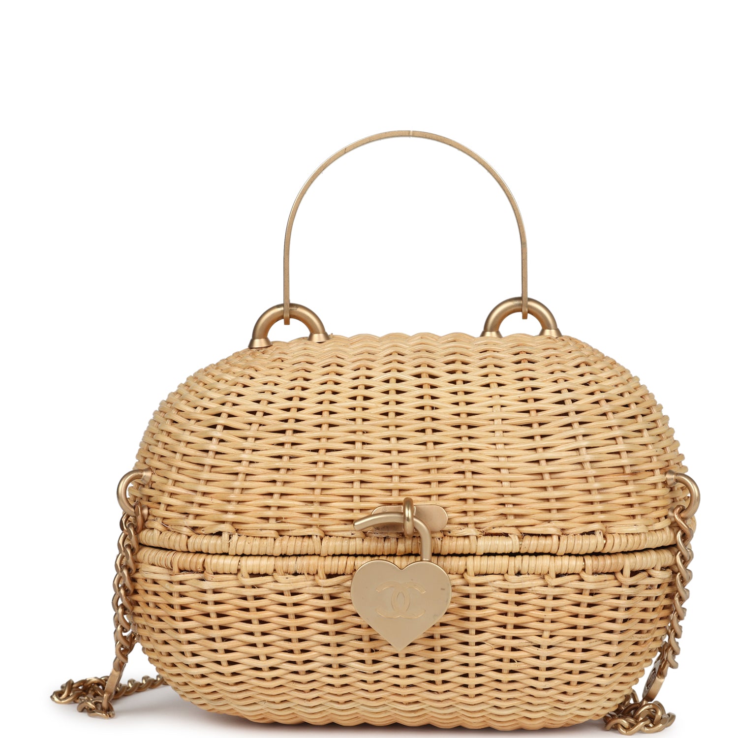 Chanel Vintage Small Heart Lock Basket Bag Natural Wicker Brushed Gold Hardware