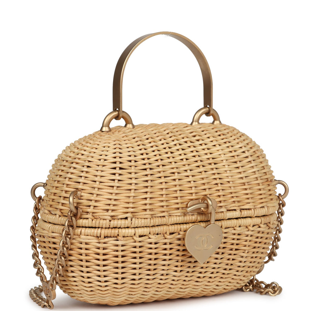 Chanel Vintage Small Heart Lock Basket Bag Natural Wicker Brushed Gold Hardware