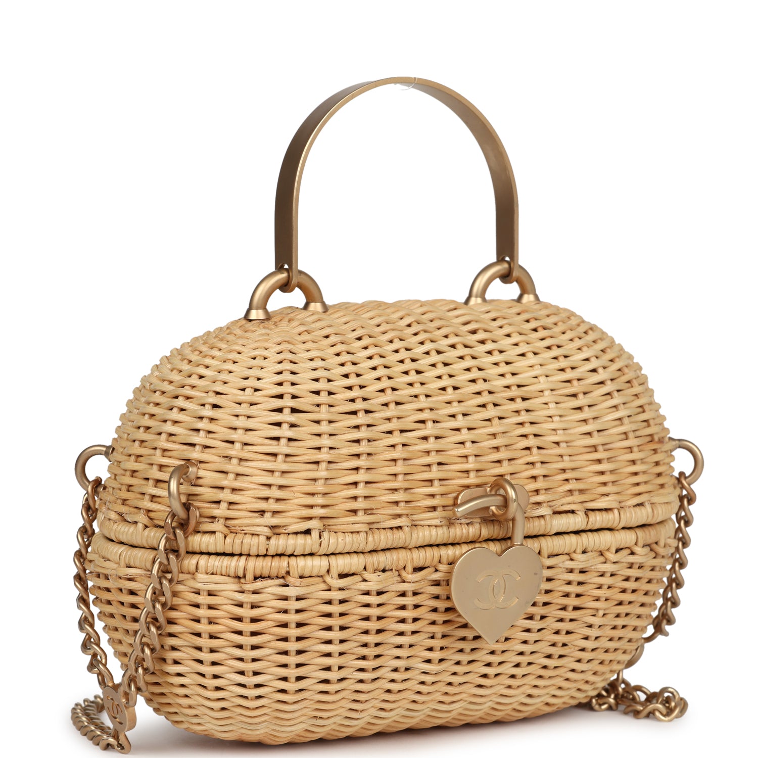 Chanel Vintage Small Heart Lock Basket Bag Natural Wicker Brushed Gold Hardware