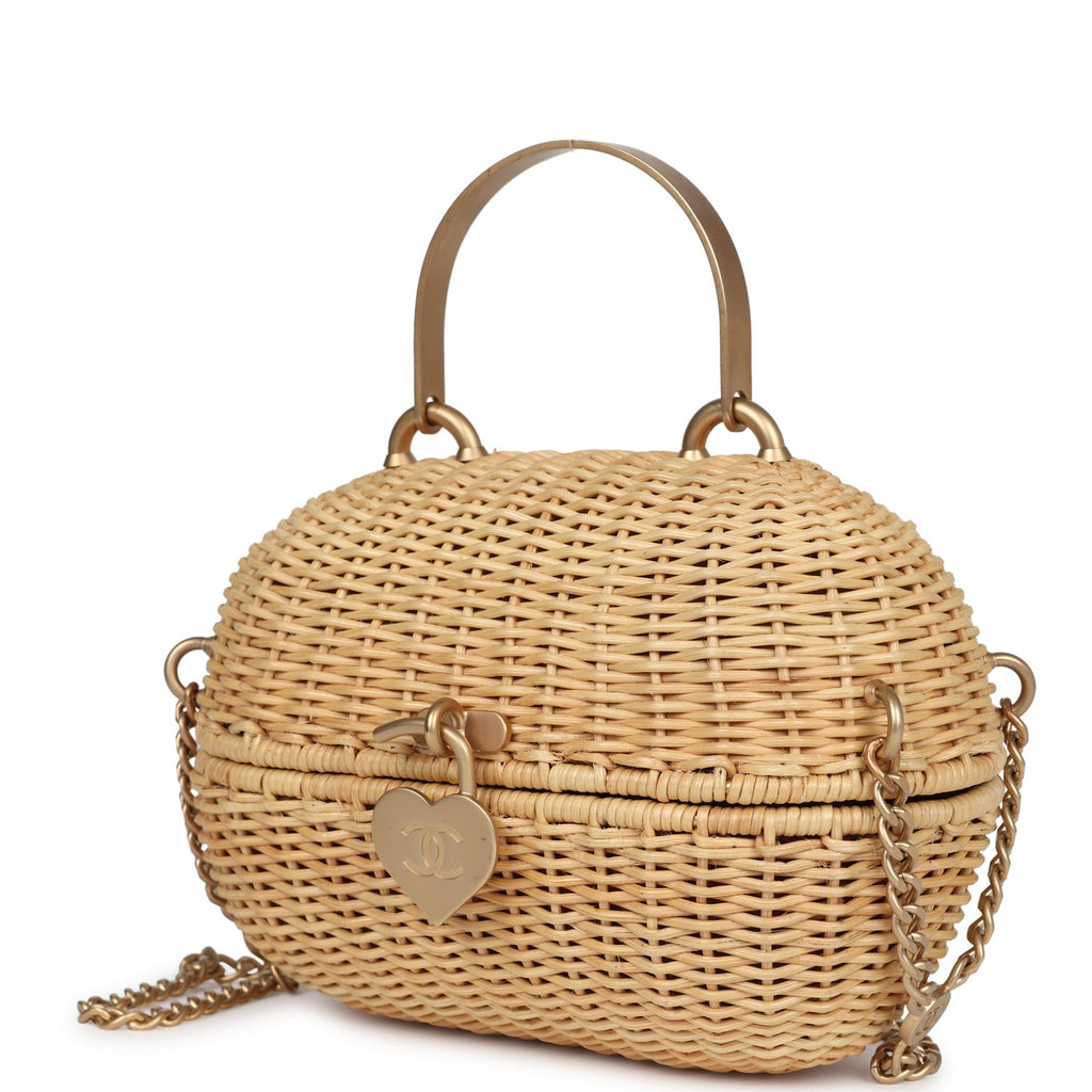 Chanel Vintage Small Heart Lock Basket Bag Natural Wicker Brushed Gold Hardware