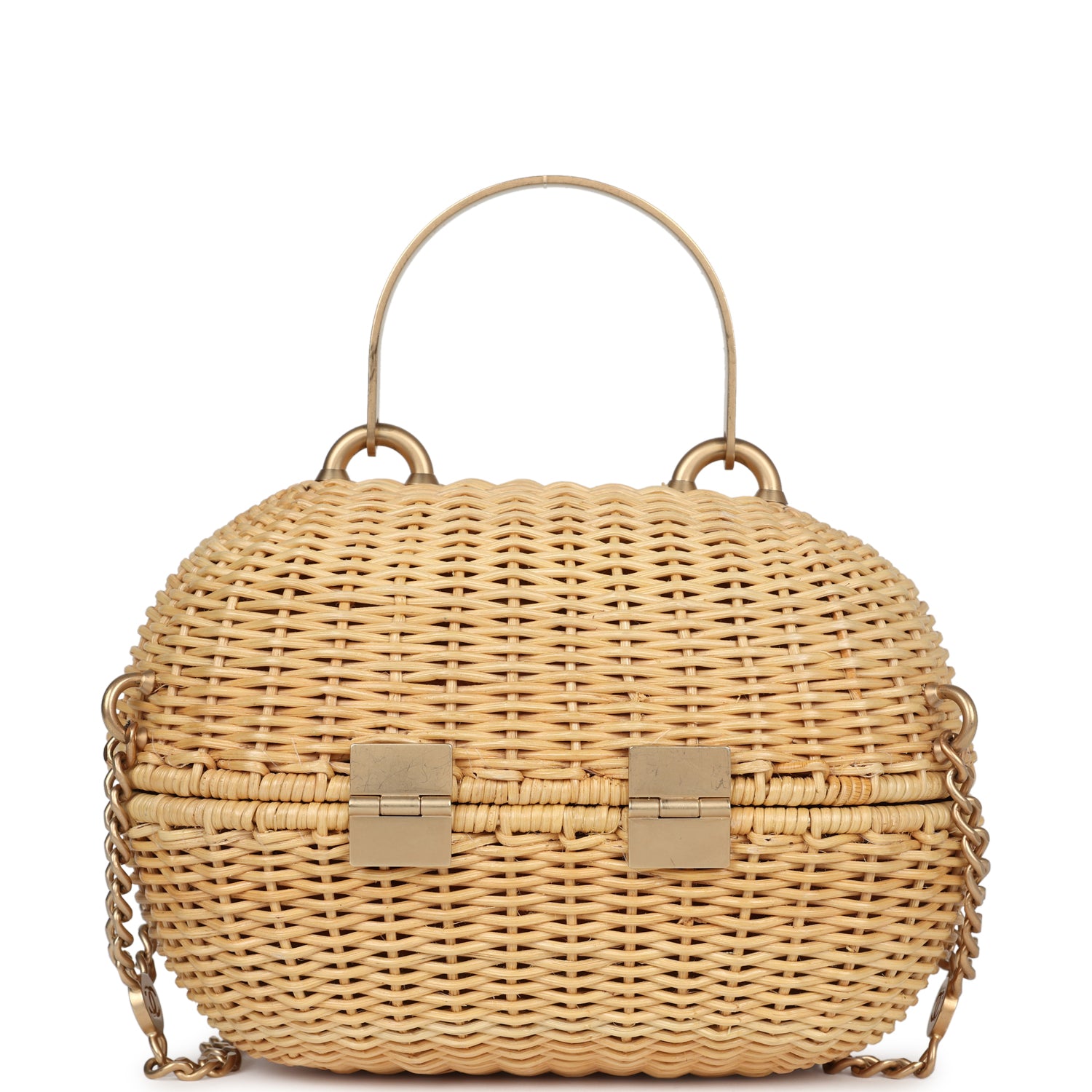 Chanel Vintage Small Heart Lock Basket Bag Natural Wicker Brushed Gold Hardware