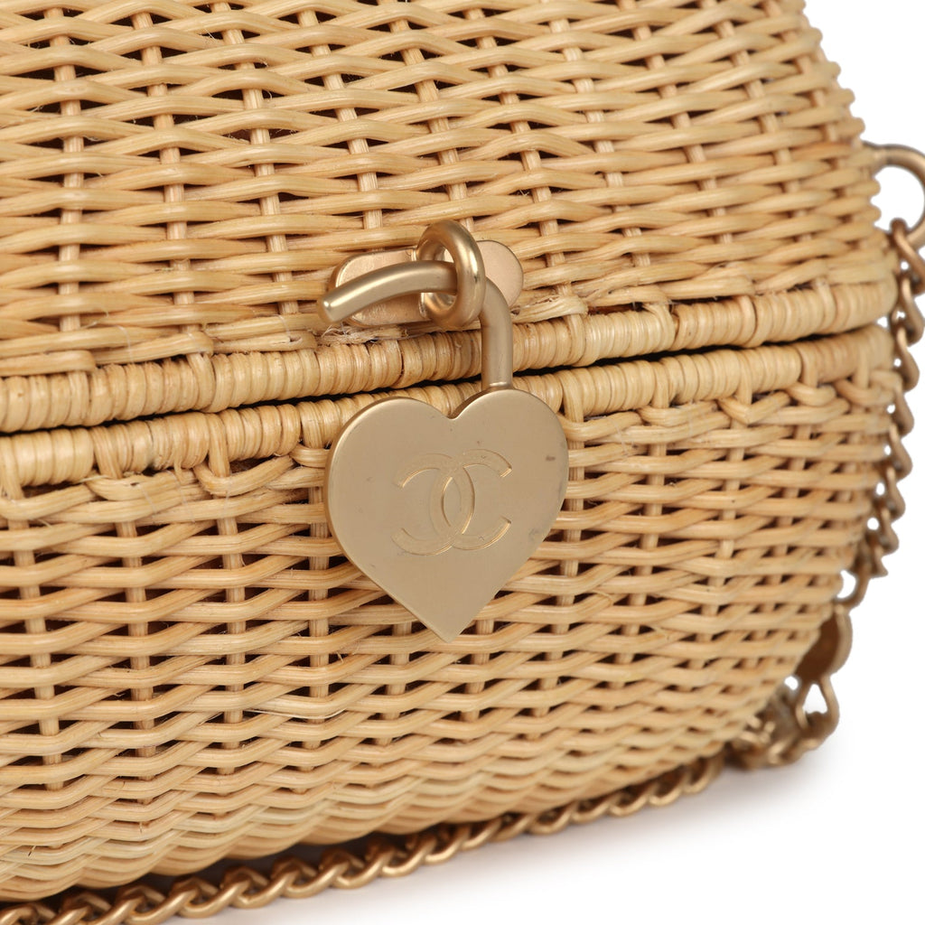 Chanel Vintage Small Heart Lock Basket Bag Natural Wicker Brushed Gold Hardware