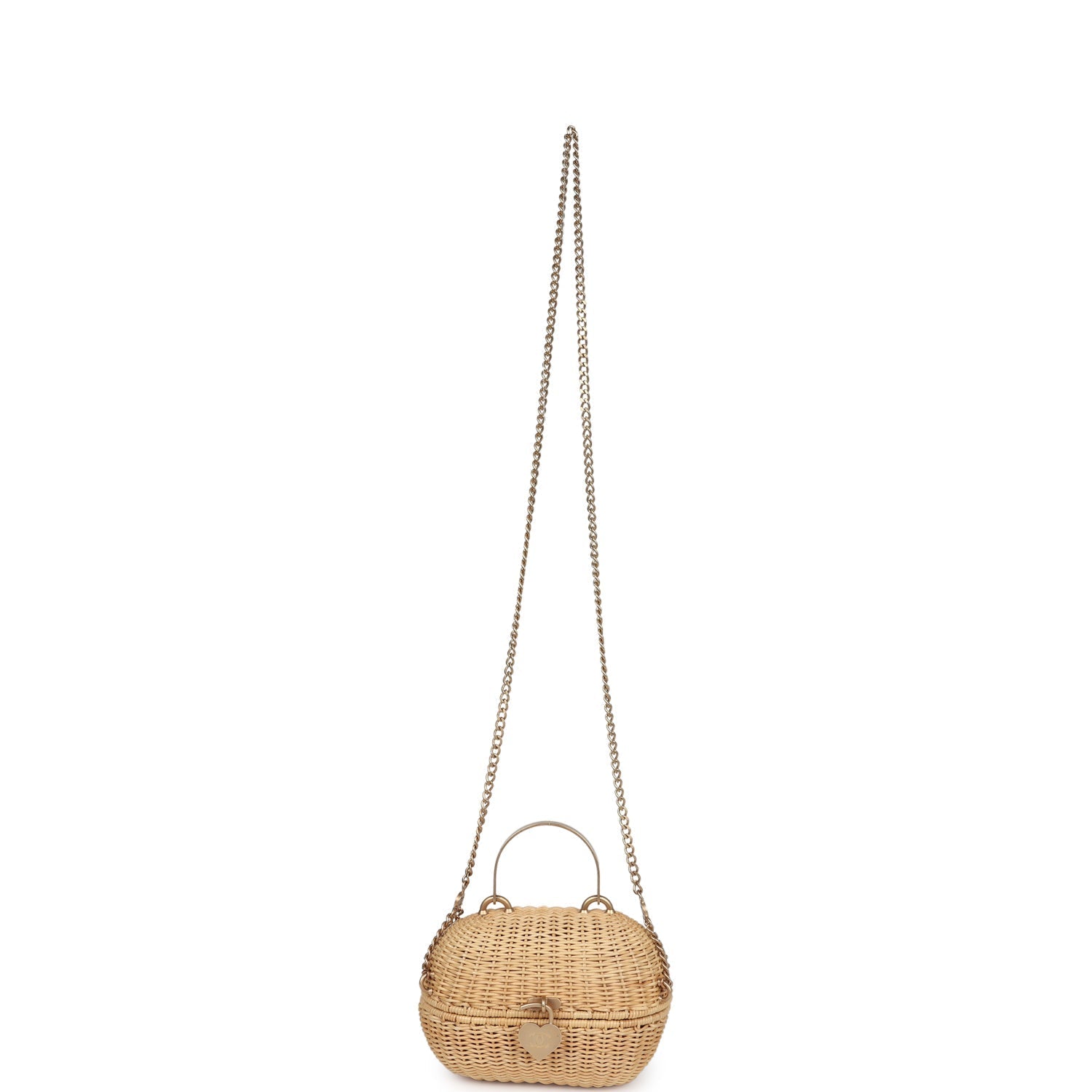 Chanel Vintage Small Heart Lock Basket Bag Natural Wicker Brushed Gold Hardware